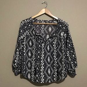 Brown print open slit blouse